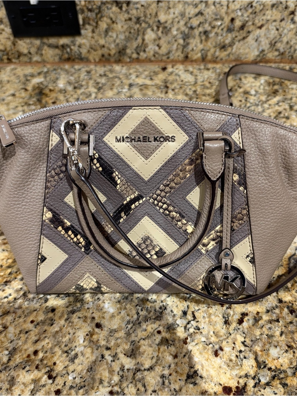 Michael Kors Taupe & Cream Geometric Leather Satchel